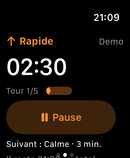 Sokuho affiche le compte à rebours de la séance de marche rapide.